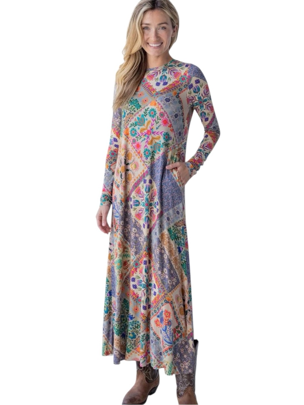 NWT Natural Life Stevie Mandala Folk Patchwork Print Knit Maxi Dress - M